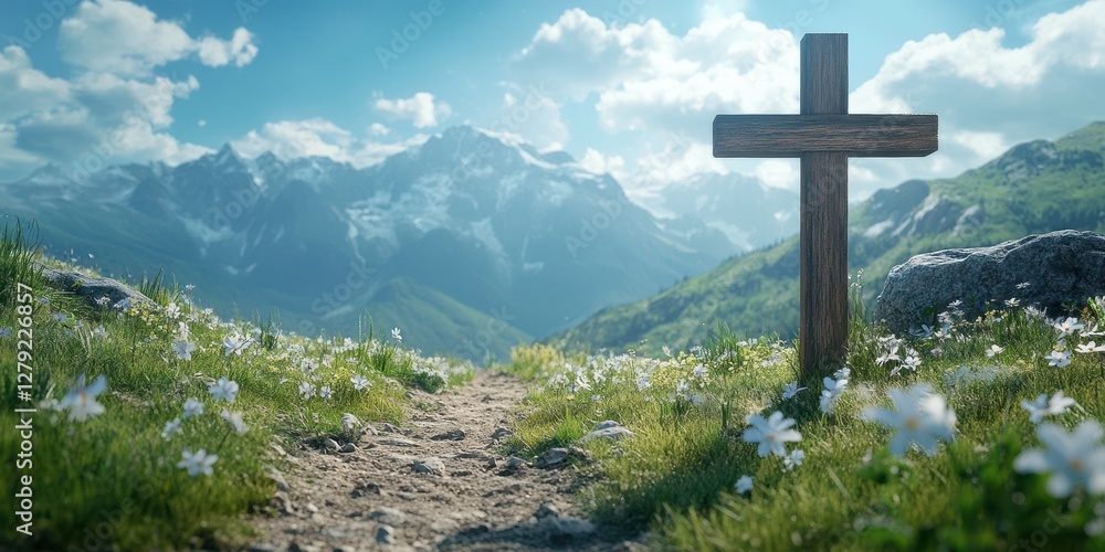 Wooden cross standing on a serene path surrounded by flowers and mountains in bright daylight Wooden cross standing on a serene path surrounded by flowers and mountains in bright daylight