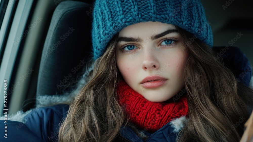 Close up portrait of a young woman with long brown hair, wearing a blue knitted hat and a red scarf, sitting inside a vehicle. Her blue eyes and fair Close up portrait of a young woman with long brown hair, wearing a blue knitted hat and a red scarf, sitting inside a vehicle. Her blue eyes and fair