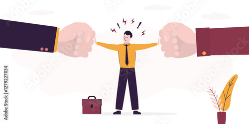Confident male employee resist huge boss or colleagues fists. Business power, corporate slavery. Resistance to bullying, stress and burnout.