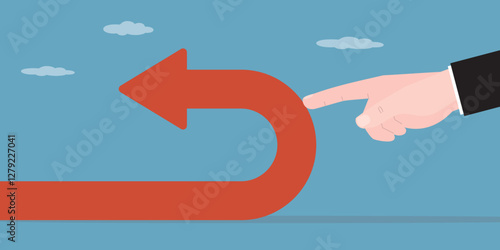 Businessman hand pushes back arrow symbol. Direction concept. Investor push financial graph arrow from economic collapse to success. Chart growth financial success.