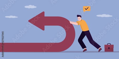 Businessman hand pushes back arrow symbol. Direction concept. Investor push financial graph arrow from economic collapse to success. Chart growth financial success.