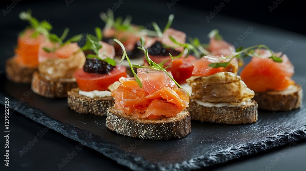 Delicious Salmon Canapés Appetizers on Dark Board Close-up for Catering Events Delicious Salmon Canapés Appetizers on Dark Board Close-up for Catering Events