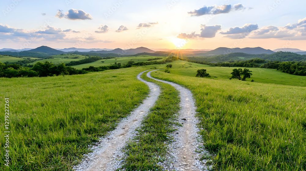 Sunset road winding through grassy hills Sunset road winding through grassy hills