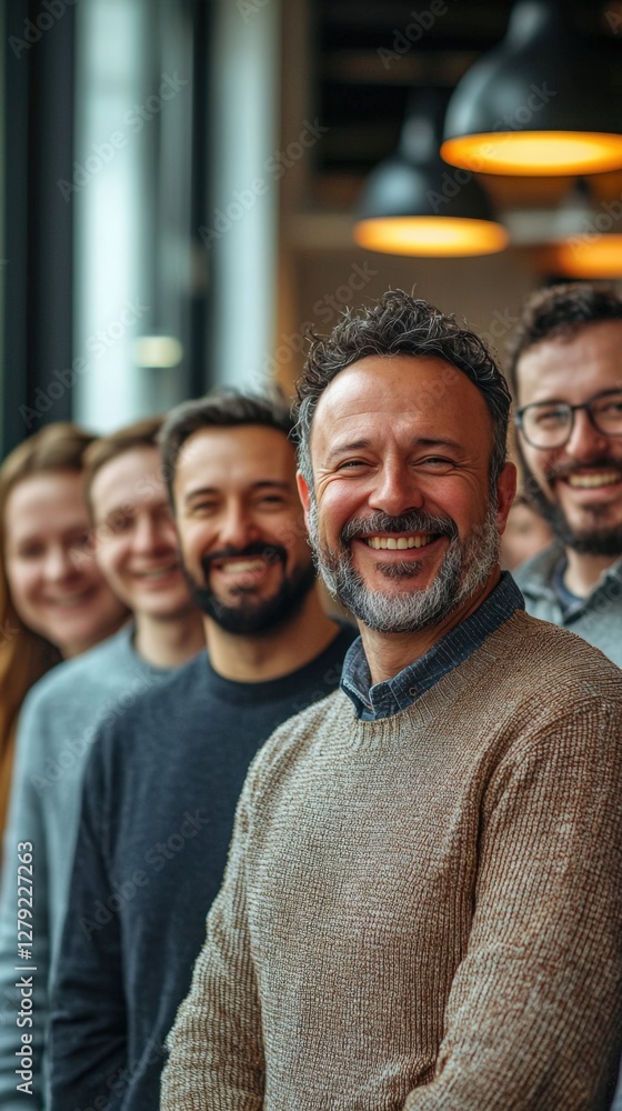 Fototapeta premium Diverse Group of Smiling Individuals in Casual Attire with Warm Lighting