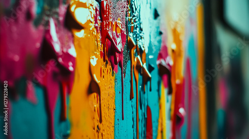 Colorful paint drips on a textured wall creating vibrant urban art in a creative space