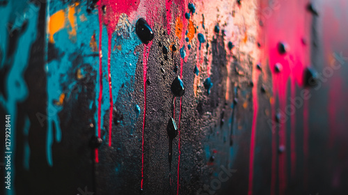 Vibrant paint drips create a colorful abstract display on a textured wall