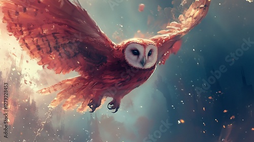 Majestic red owl in flight, amidst glowing particles.