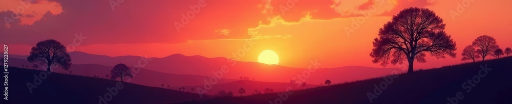 Softly glowing sunset landscape with silhouetted trees, serene, peaceful Softly glowing sunset landscape with silhouetted trees, serene, peaceful