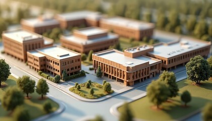 Aerial view of realistic maquette representing educational campus with academic buildings, library, student facilities. Miniature city model, architecture planning, real estate development, urban