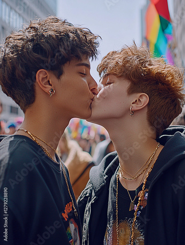 Two young men share a kiss while celebrating love at a vibrant pride event in a city street filled with colorful flags