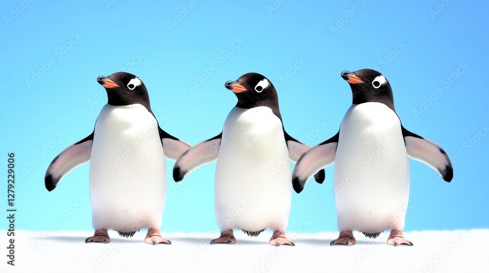Obraz premium Three penguins standing in a row against a light blue background. They are facing forward with wings slightly outstretched. The scene is bright and