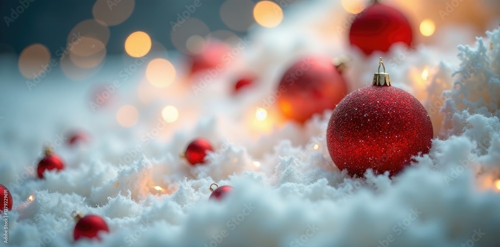 White fur with scattered red Christmas tree decorations, colors, sparkle White fur with scattered red Christmas tree decorations, colors, sparkle