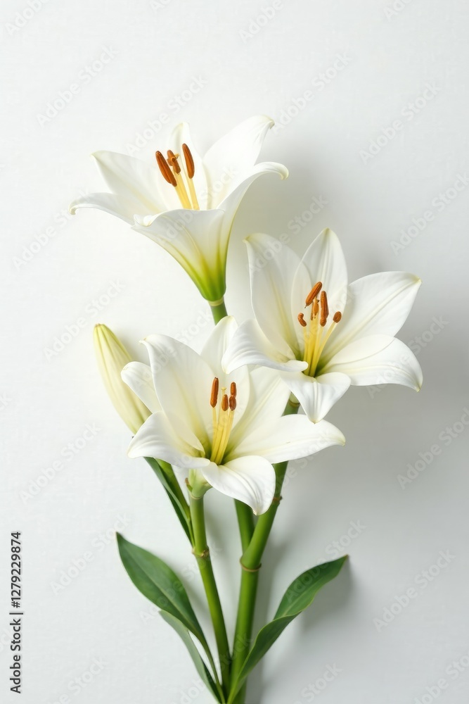 Naklejka premium White lilies on a minimalist white background, blooms, flower arrangement, simple