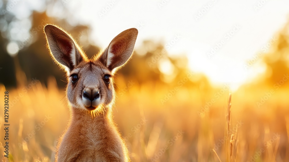 Fototapeta premium Kangaroo gazes curiously on a sunlit meadow at golden hour