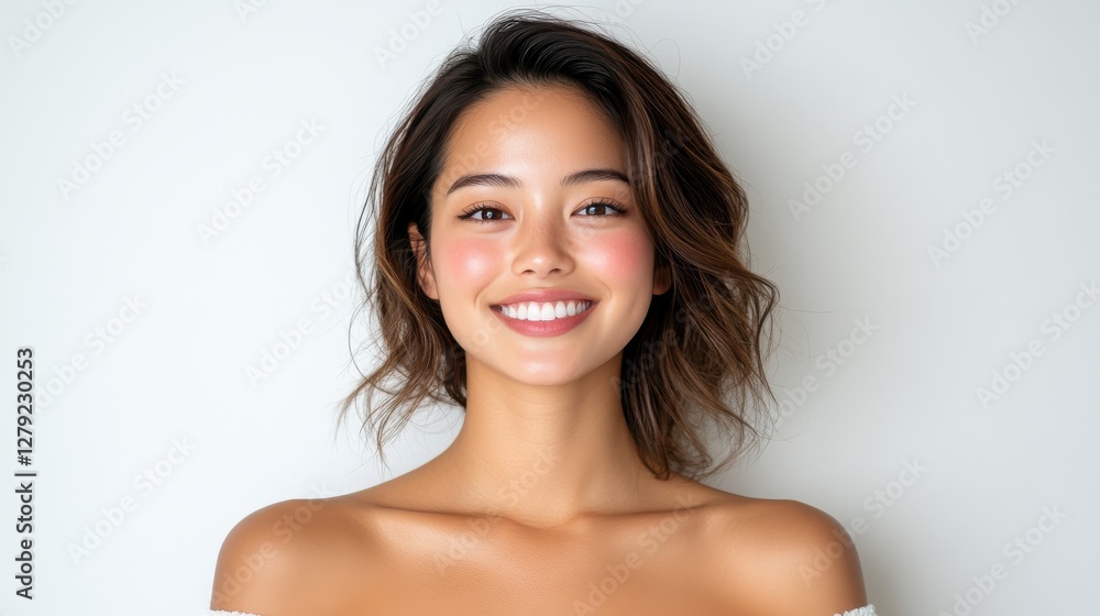 Smiling young woman making heart gesture and exuding positivity in white space Smiling young woman making heart gesture and exuding positivity in white space