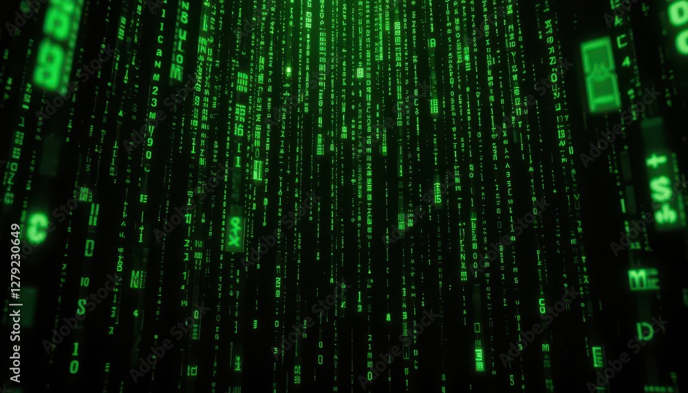 Matrix Inspired Digital Code Rain with Green Characters on Black Matrix Inspired Digital Code Rain with Green Characters on Black