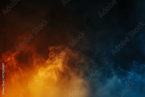 A blue and orange smokey background.  Abstract gradient background, with orange and navy blue hues, a grainy film texture