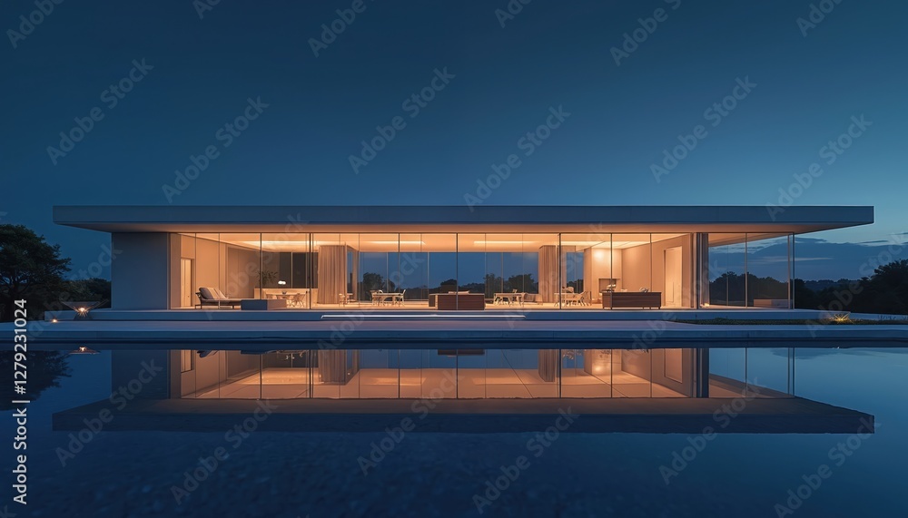Fototapeta premium Modern glass house reflects in pool water at night. Contemporary home architecture, minimalist design, luxury exterior. Building, dark sky, nature tree silhouettes. Futuristic estate style. Tranquil