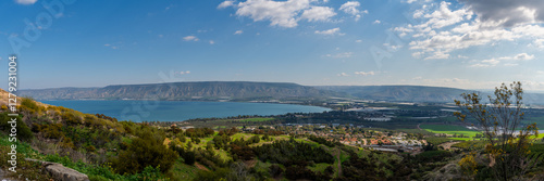 Panoramic view of the Sea of Galilee from the viewpoint along the road down from Poriya in Israel. 