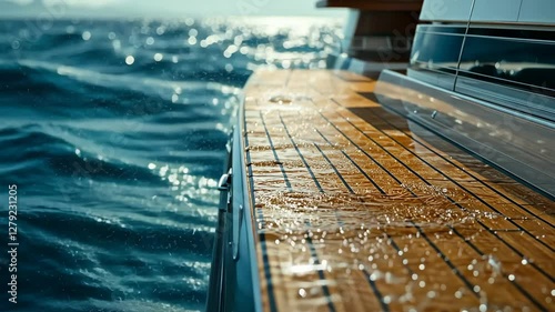 Wallpaper Mural A close-up view of a yacht’s swim platform complete with teak wood decking, wet from ocean waves under bright sunlight. Torontodigital.ca