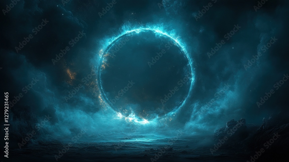 Cosmic ring, ethereal glow, desolate landscape, dark clouds Cosmic ring, ethereal glow, desolate landscape, dark clouds
