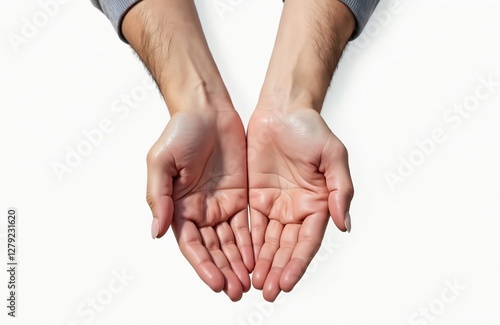 Open pale hands. Lack of color in skin tone indicates possible anemia or iron deficiency. Asian man hands reveal health problem symptom, poor circulation, requires diagnostics.