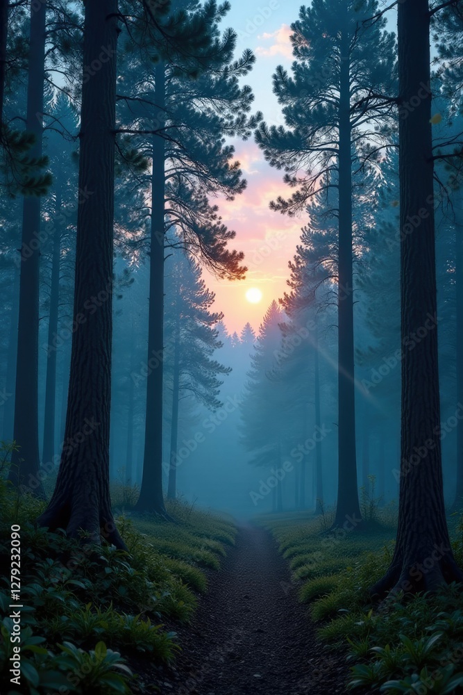 Fototapeta premium A tranquil forest at dusk with a pastel blue sky, woods, nature, forest