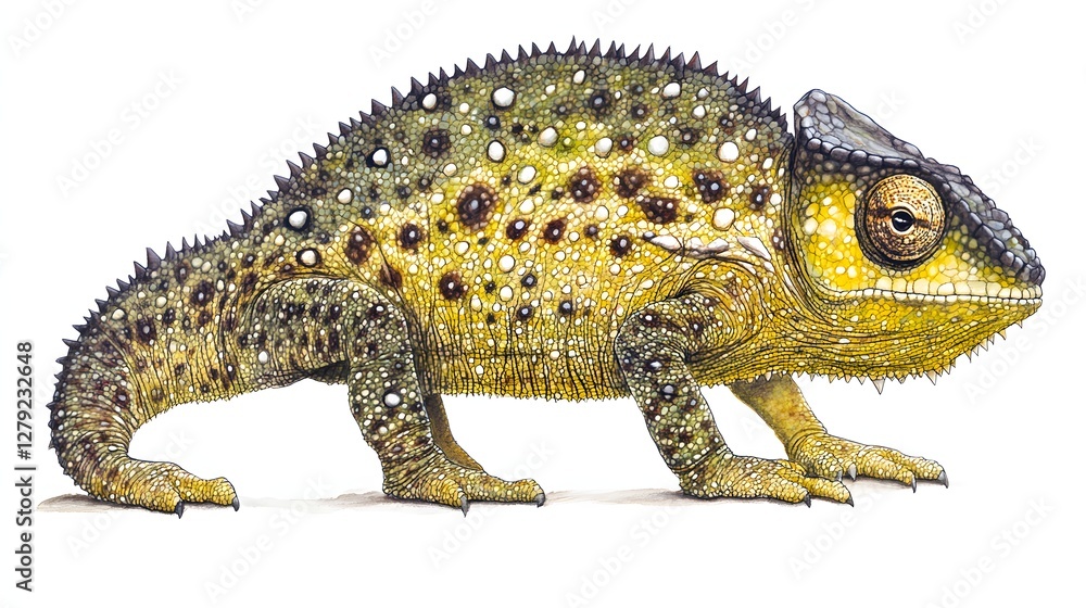Obraz premium Detailed Illustration of a Yellow Chameleon with Brown Spots on a White Background