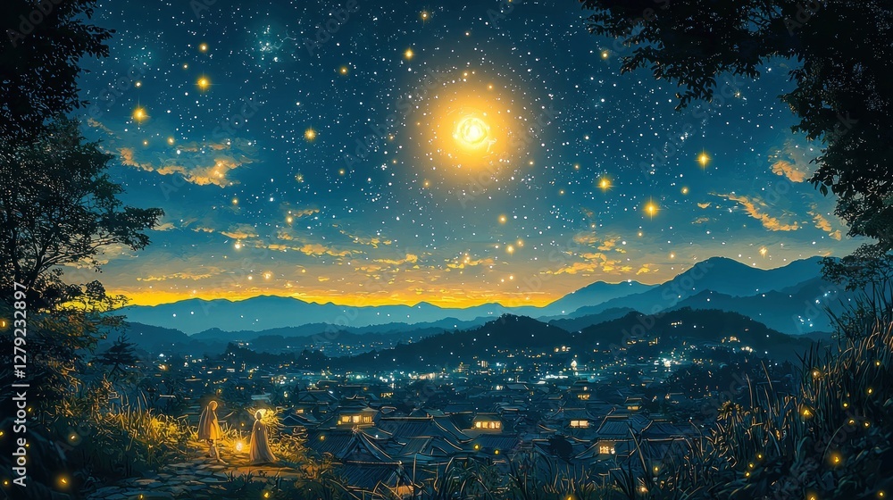 Nighttime Village Scene Underneath a Starlit Sky Nighttime Village Scene Underneath a Starlit Sky