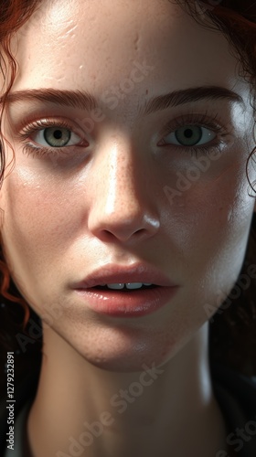 Close-up portrait of young caucasian female with freckles and curly red hair