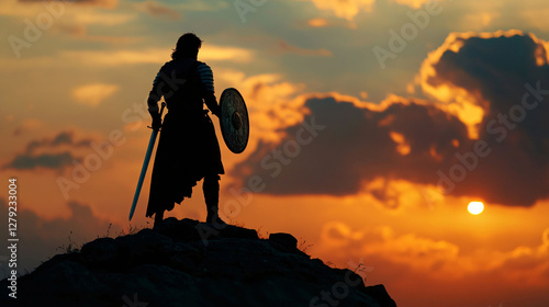 A silhouetted knight stands on a hilltop with a sword and shield