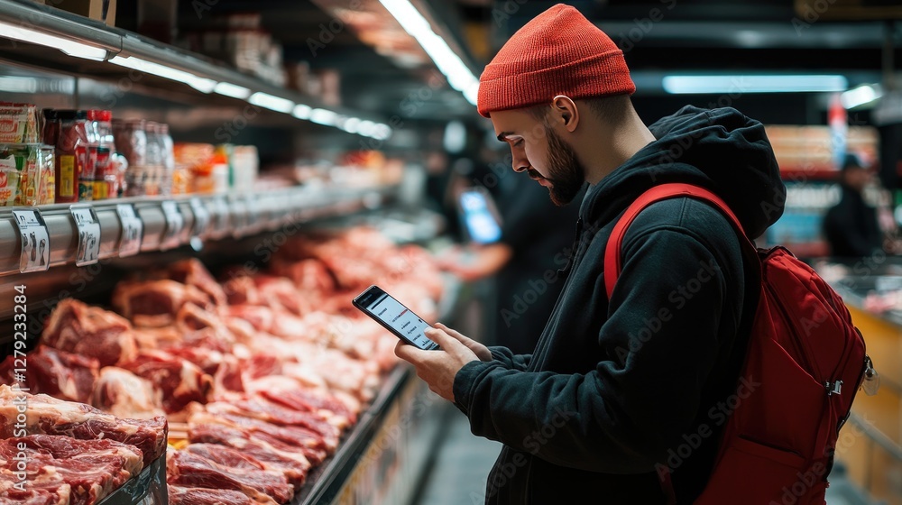 Shopper in a grocery store using a smartphone near the meat counter, browsing an online shopping app.