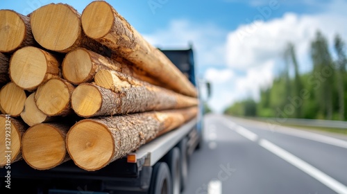 Timber truck transporting logs on a sunny highway in summer