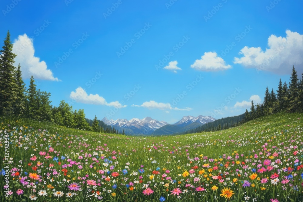 Vibrant meadow filled with colorful wildflowers under clear blue Vibrant meadow filled with colorful wildflowers under clear blue