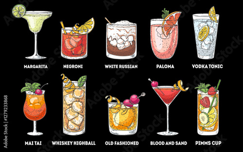 Alcoholic cocktails hand drawn vector illustration. Cocktail glass set. Cognac, brandy, vodka, tequila, whiskey, champagne, wine cocktails.