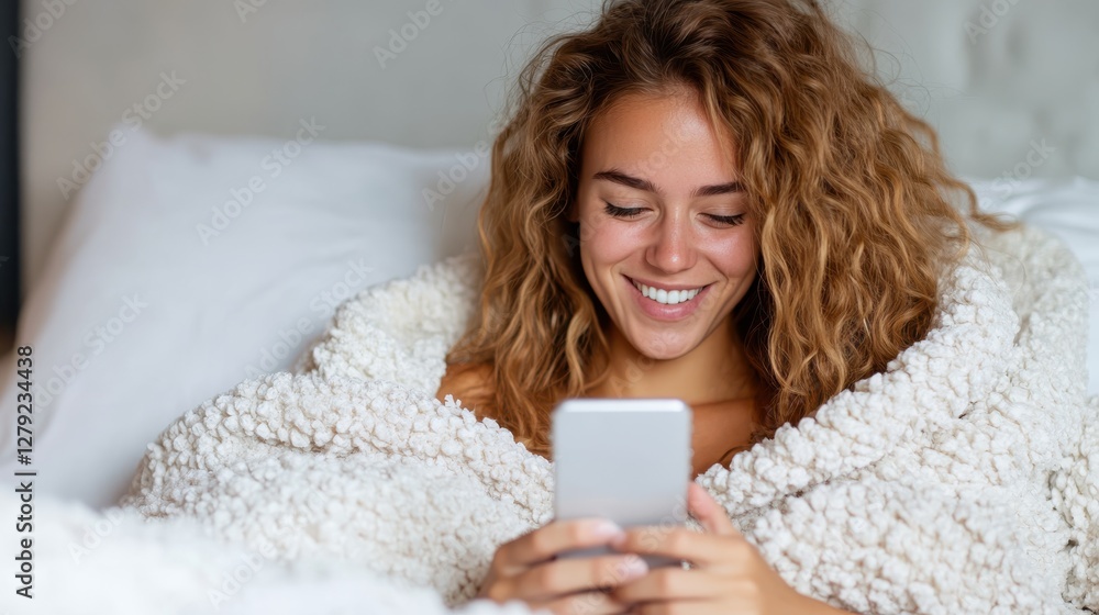 Joyful morning with a smiley young woman texting in bed Joyful morning with a smiley young woman texting in bed