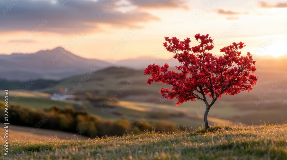 Spring sunset magic with a heart-shaped tree of love in bloom Spring sunset magic with a heart-shaped tree of love in bloom