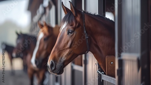 Portrait of young bay horse staying in a modern stable