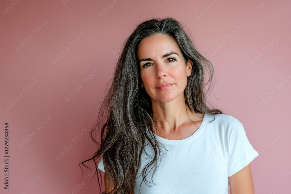 haircare model in her 40s with nice smooth hair white T-shirt haircare model in her 40s with nice smooth hair white T-shirt