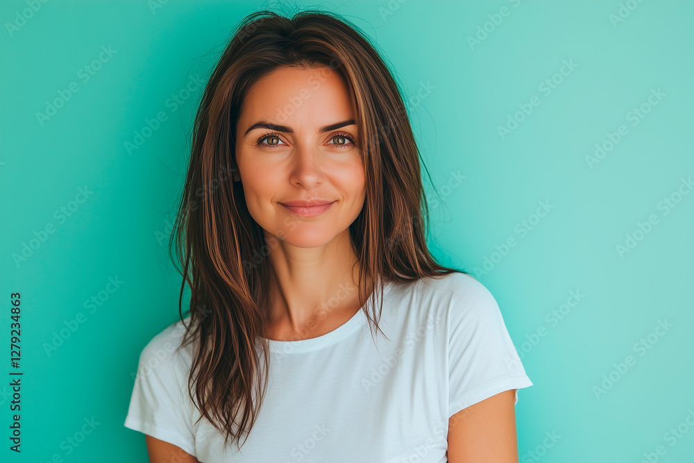 Fototapeta premium haircare model in her 40s with nice smooth hair white T-shirt