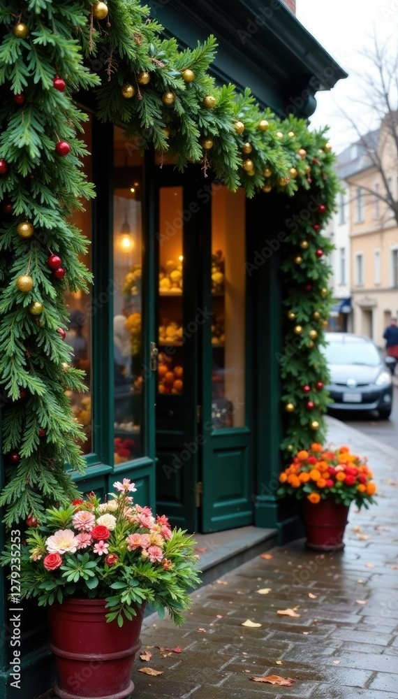 Naklejka premium Evergreen boughs draped across the entrance of a flower shop, winter wonderland, fall foliage, decorative elements