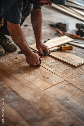 Wallpaper Mural Carpenter installing wooden planks on flooring workshop action shot Torontodigital.ca