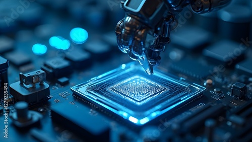Automated microchip assembling, circuit board technology close-up, machine electronics factory