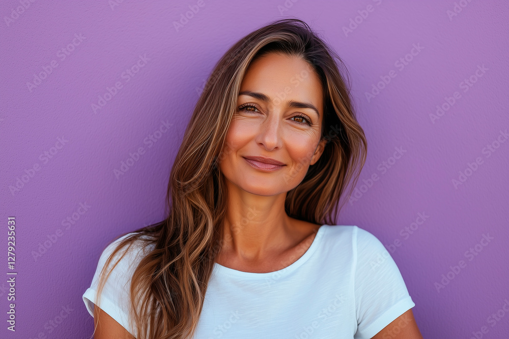 haircare model in her 40s with nice smooth hair white T-shirt haircare model in her 40s with nice smooth hair white T-shirt