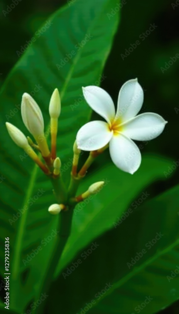 Fototapeta premium Green leaf with white plumeria buds and flowers, leaves, buds, plants