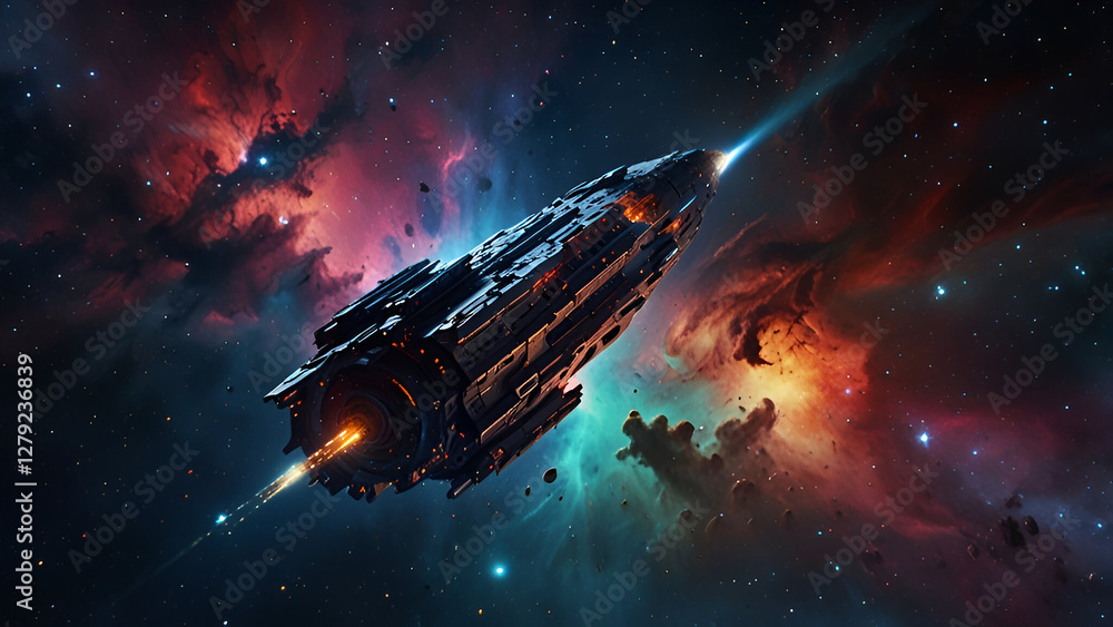 Spaceship in colorful nebula, massive sci-fi vessel, glowing engines, deep space exploration, vibrant cosmic clouds, stellar nursery, high-detail digital art Spaceship in colorful nebula, massive sci-fi vessel, glowing engines, deep space exploration, vibrant cosmic clouds, stellar nursery, high-detail digital art