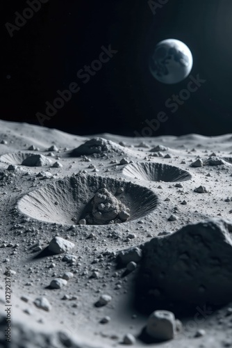 Hyper realistic rendering of lunar dust and debris, geography, lunar photo