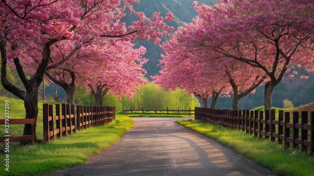 Pink cherry blossoms frame a country lane. Serene spring scene. Pink cherry blossoms frame a country lane. Serene spring scene.