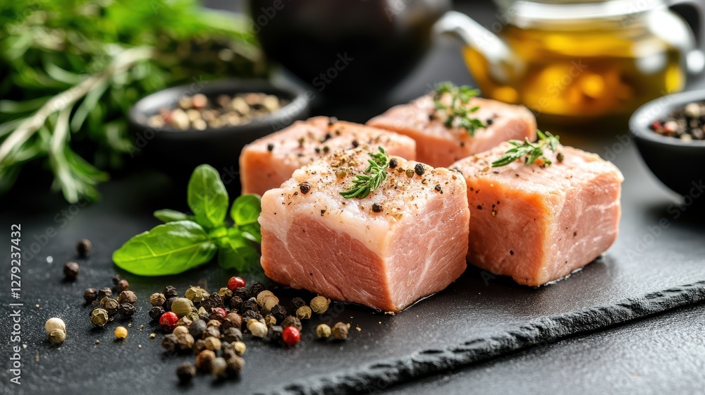 Deliciously crafted boiled ham with herbs and spices set on dark stone Deliciously crafted boiled ham with herbs and spices set on dark stone