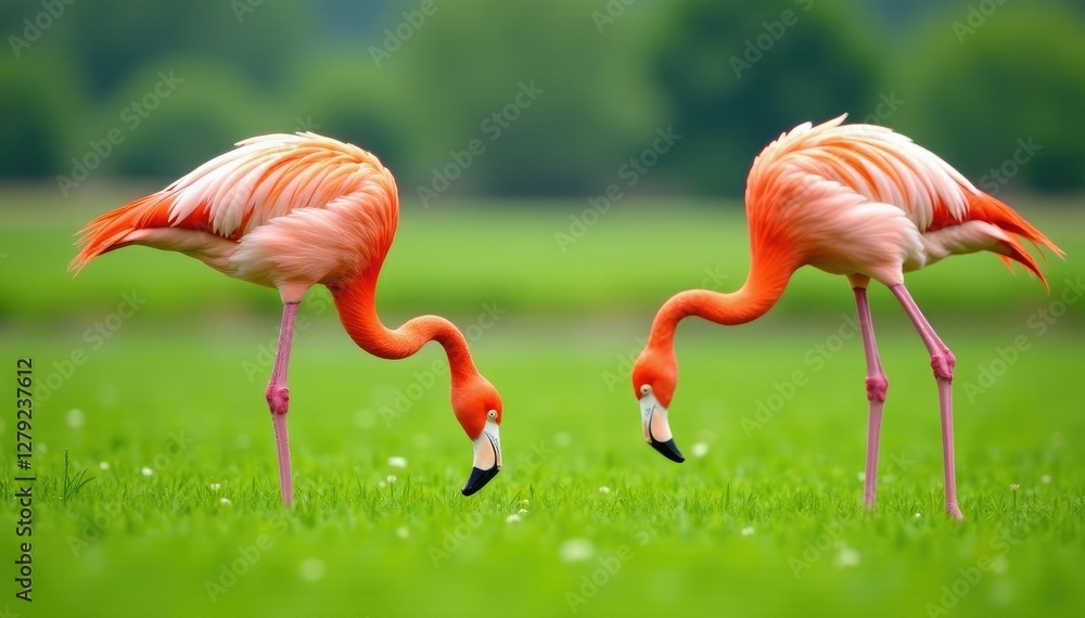 Pink flamingos grazing on green grass near Albufera, conservation, nature reserve, landscape